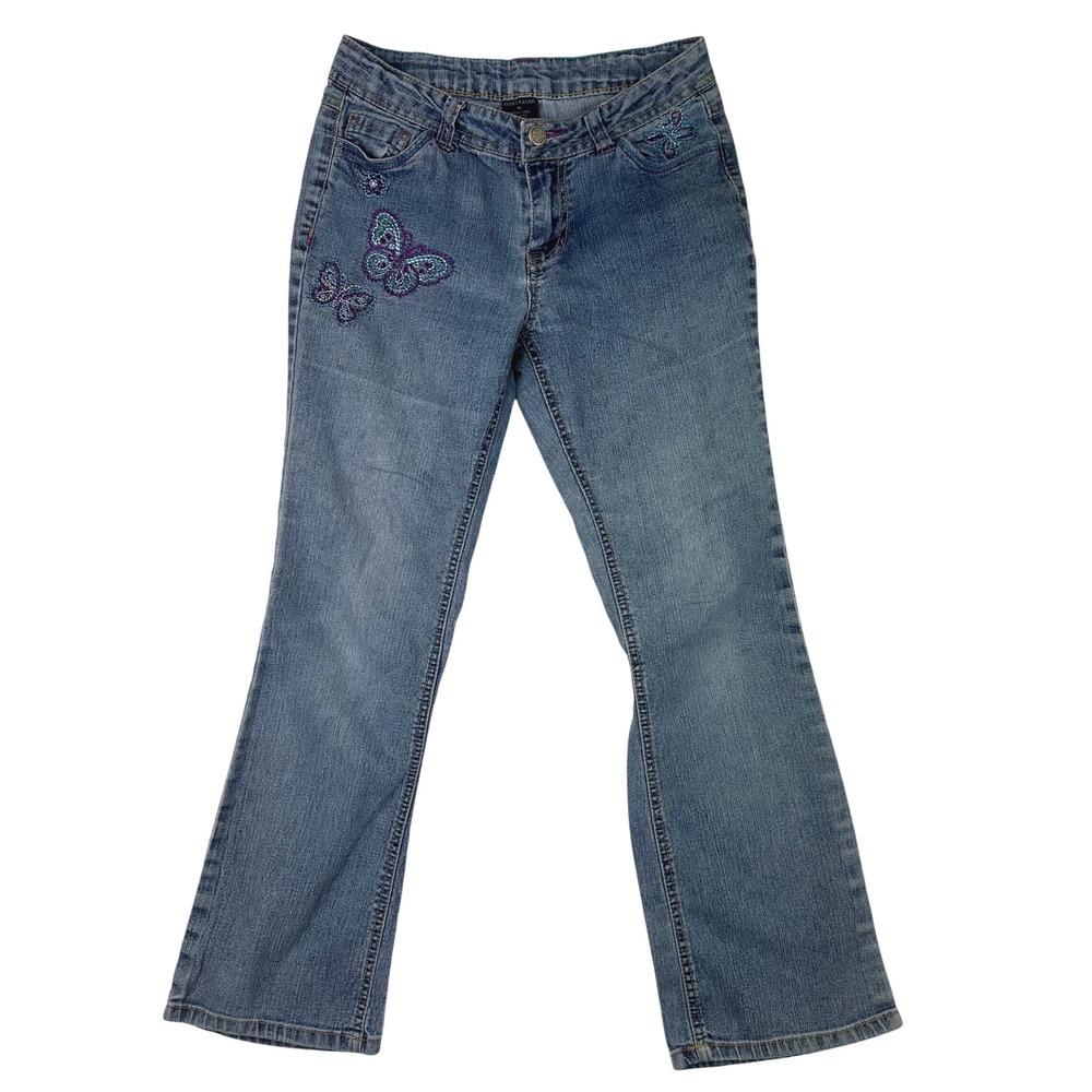 Faded Glory Girls Bootcut Flare Jeans Blue Denim Butterfly Embellished Size‎ 12